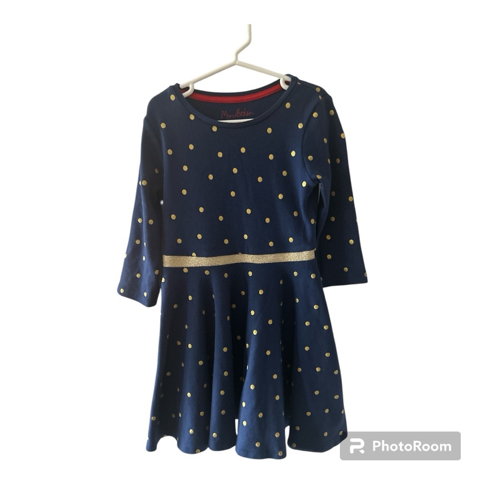 Mini Boden Blue and Gold Polka Dot 3/4 Sleeve Fit and Flare Dress
